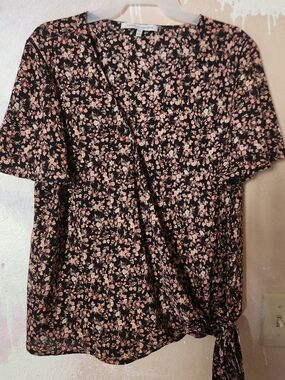 Floral Wrap Tie Blouse - Black with Pink Blossoms